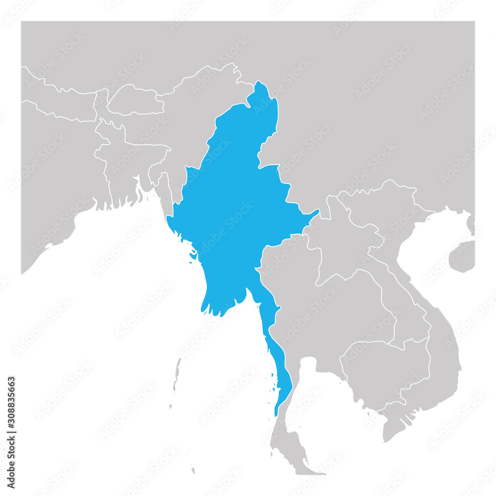 Map of Myanmar green highlighted with neighbor countries