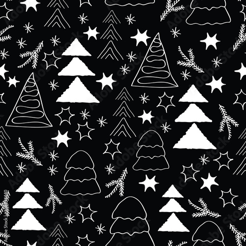 White christmass trees and snow flakes and stars, outline, too, on black background, seamless pattern.