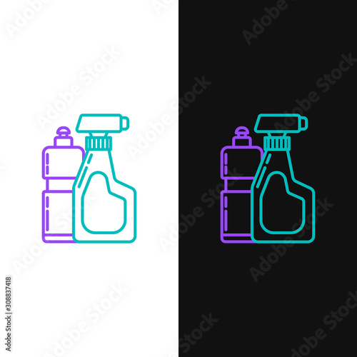 Green and purple line Plastic bottles for liquid laundry detergent, bleach, dishwashing liquid or another cleaning agent icon isolated on white and black background. Vector Illustration