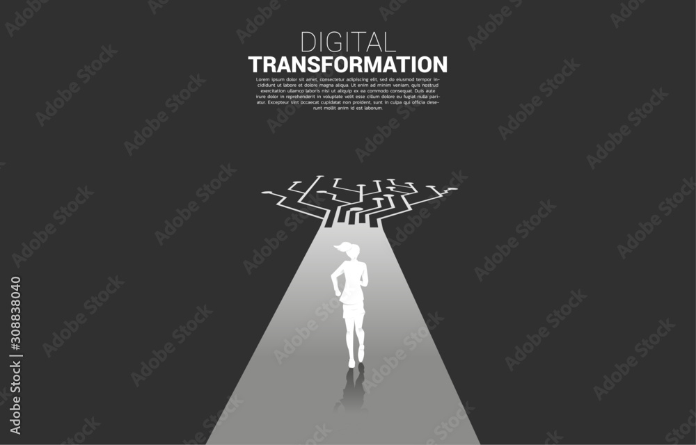 Plakat Silhouette of businesswoman running on the way with dot connect line circuit. concept of digital transformation of business.