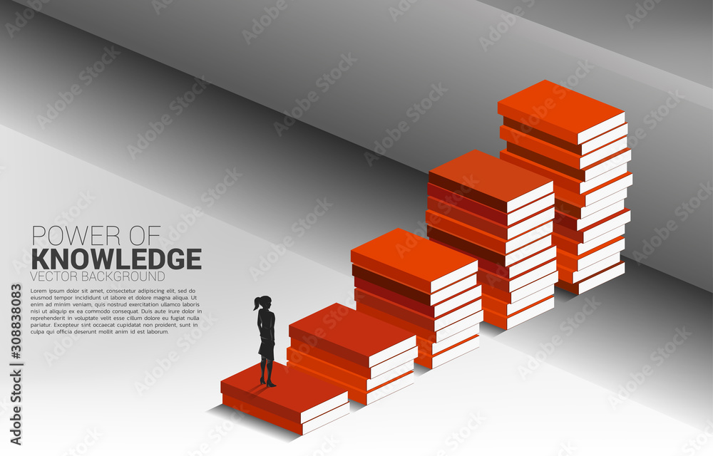 Obraz premium Concept background for power of knowledge. Silhouette of businesswoman move to cross wall with step from book stack.