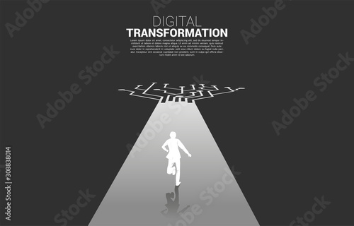 Silhouette of businessman running on the way with dot connect line circuit. concept of digital transformation of business.