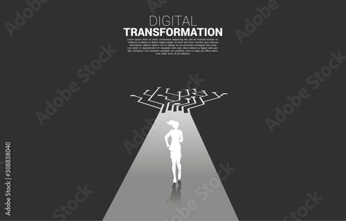 Silhouette of businesswoman running on the way with dot connect line circuit. concept of digital transformation of business.