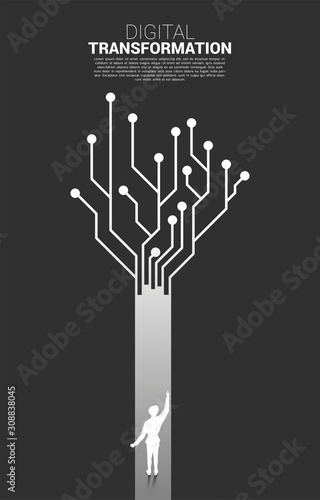 Silhouette of businessman standing on the way with dot connect line circuit. concept of digital transformation of business.