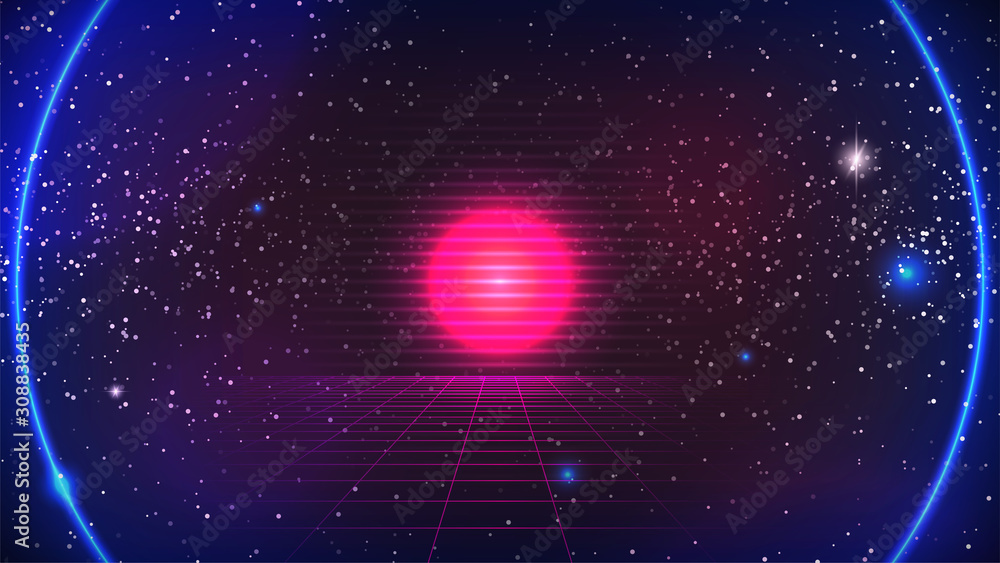 Synthwave Retro Future Grid background with blue round Neon glowing and ...