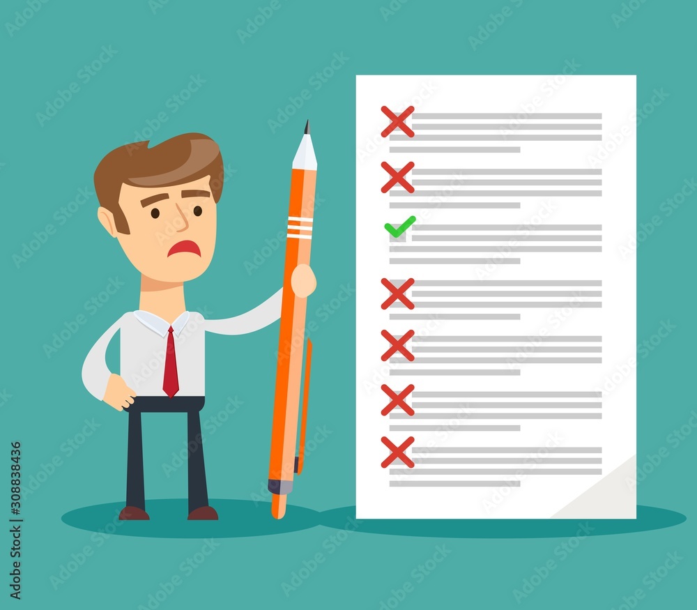 Sad businessman holding a pencil looking at checklist on clipboard. Stock flat vector illustration. Sad businessman holding a pencil looking at checklist on clipboard. Stock flat vector illustration.