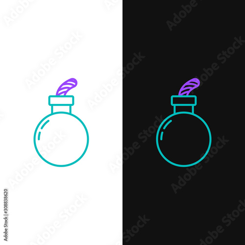 Green and purple line Bomb ready to explode icon isolated on white and black background. Happy Halloween party. Vector Illustration