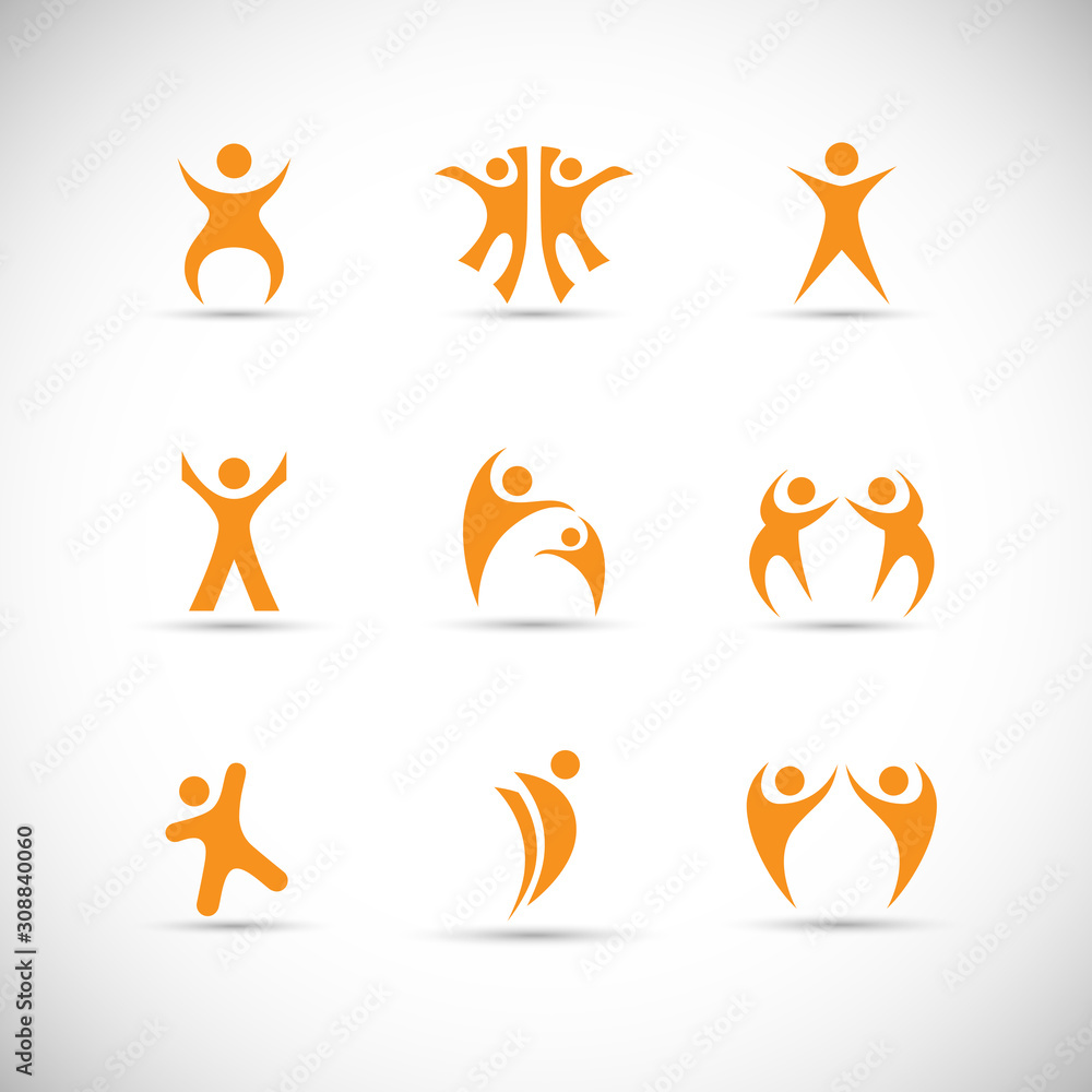 Abstract People Logo Set. Human Figure Isolated On Gray Background. Icons Collection For Human Success, Celebration Logo, Achievement Symbol And Activity. Different Happy People. Figure Logo, Vector Abstract People Logo Set. Human Figure Isolated On Gray Background. Icons Collection For Human Success, Celebration Logo, Achievement Symbol And Activity. Different Happy People. Figure Logo, Vector