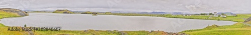 Panoramic picture from Hverfjall volcano to Mývatn lake area in Northern Iceland in summer