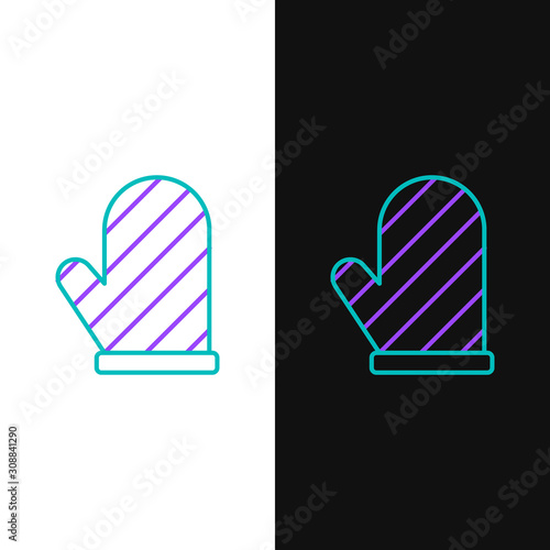 Green and purple line Oven glove icon isolated on white and black background. Kitchen potholder sign. Cooking glove. Vector Illustration