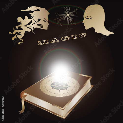 Book Magic, glowing light, the struggle of the mind in mystical images - black background - illustration, vector. Occultism, Spiritism, Philosophy Concept