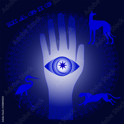 Hand with magic symbol - blue black background - illustration, vector. Occultism, Spiritism, Philosophy Concept