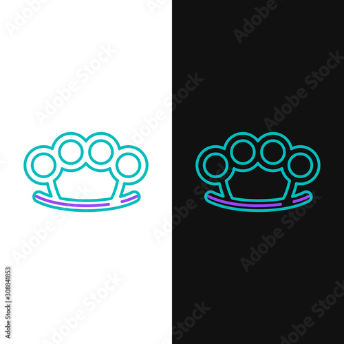 Green and purple line Brass knuckles icon isolated on white and black background. Vector Illustration
