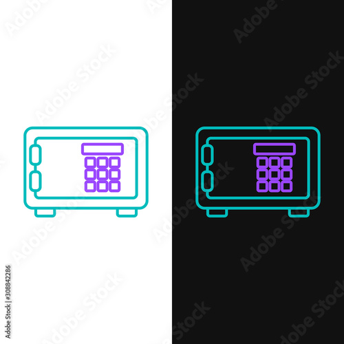 Green and purple line Safe icon isolated on white and black background. The door safe a bank vault with a combination lock. Reliable Data Protection. Vector Illustration