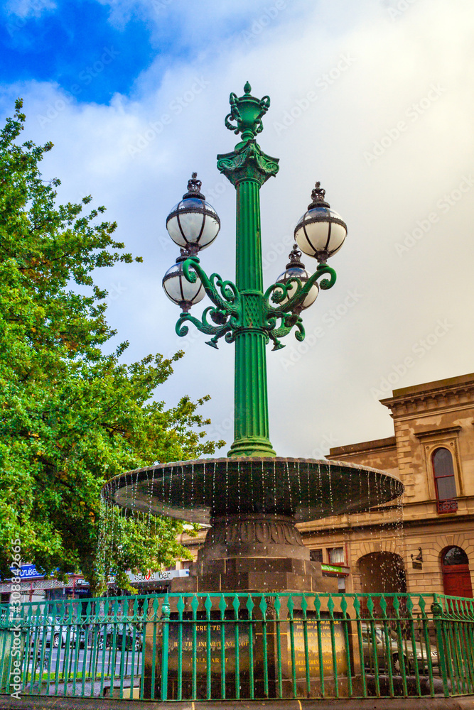 Close-up of gorgeous green Burke & Wills heritage fountain and lamp post in the famous 19th century gold mining city of Ballarat in rural Victoria (Australia)