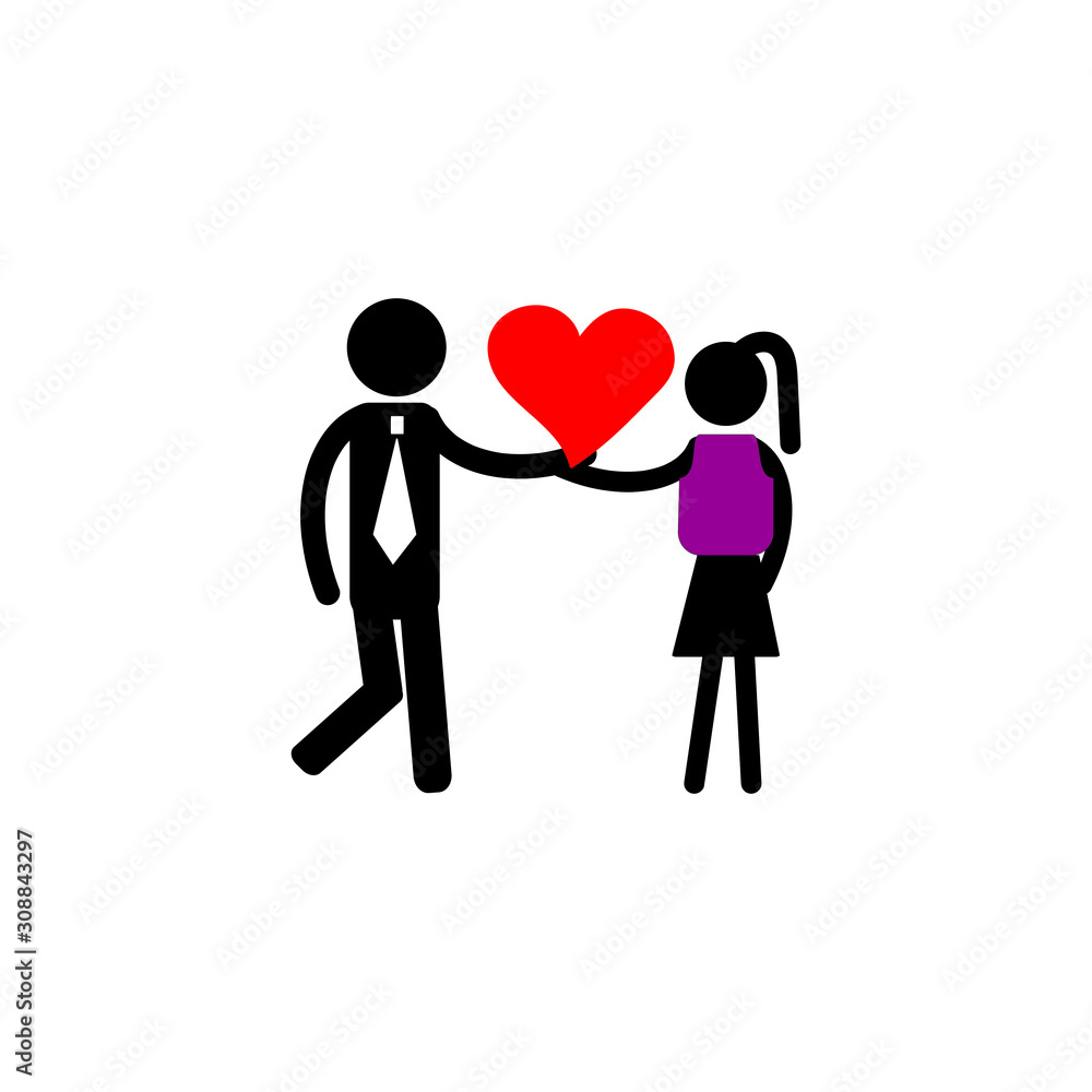 Valentine's day, couple happy stick man with heart in hands Valentine's day, couple happy stick man with heart in hands
