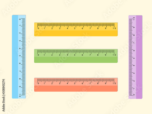 A selection of school colorful ruler, vector. Measuring scale. Flat design. Isolated light background.