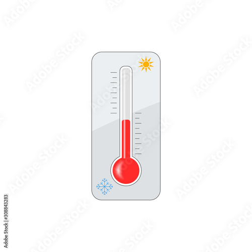 Vector icon thermometer glass bulb, cold, snowflake, the warmth of the sun, the scale of measurement. Element isolated on light background.