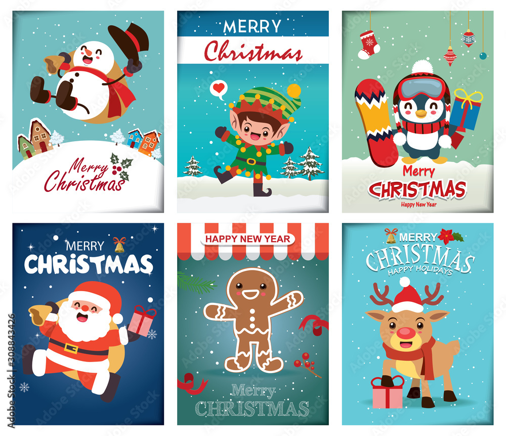 Fototapeta premium Vintage Christmas poster design set with vector Snowman, Santa Claus, reindeer, elf, penguin, gingerbread man characters.