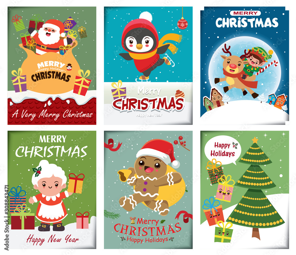 Fototapeta premium Vintage Christmas poster design set with vector Snowman, Santa Claus, reindeer, elf, penguin, Santa Lady , gingerbread man characters.