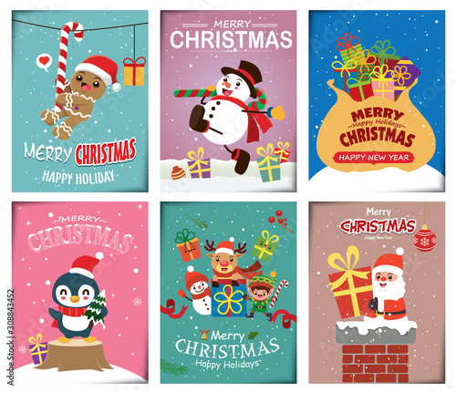 Vintage Christmas poster design set with vector Snowman  Santa Claus  reindeer  elf  penguin  gingerbread man characters.