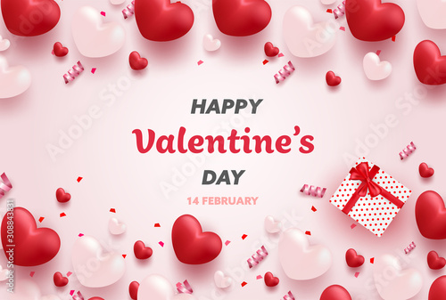 Happy Valentine's Day banner with Red and Pink luxury hearts, gifts box, ribbon and lovely elements. Valentine background design vector illustration.