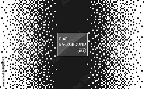 Pixel mosaic. The effect of falling, dissolving, monochrome fine particles, squares. Indent for text, banner, poster. Vector element isolated background.
