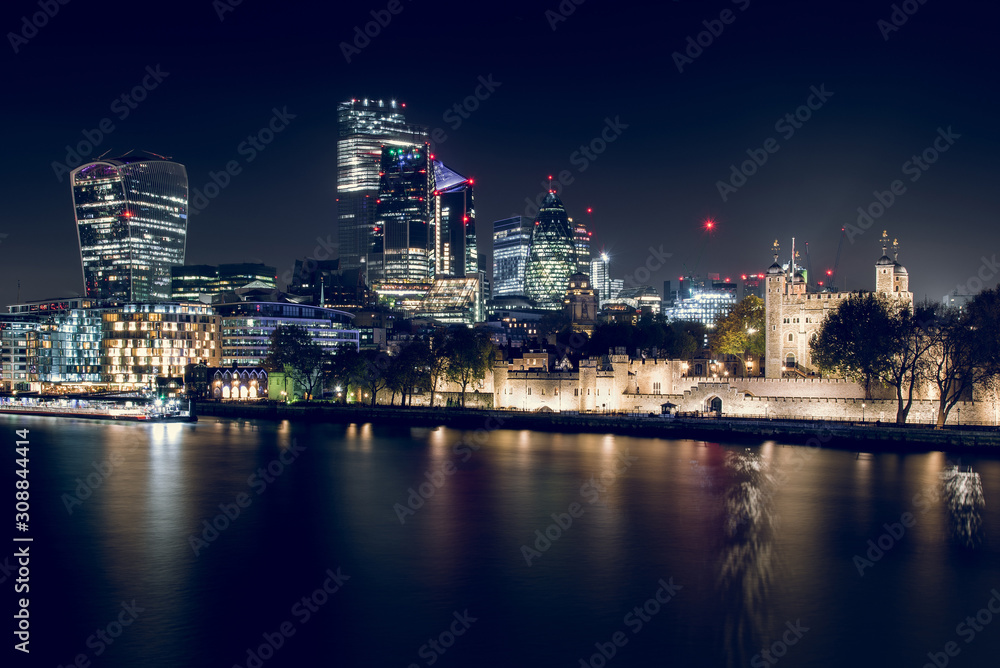 The City of London Business District Buildings View at Night