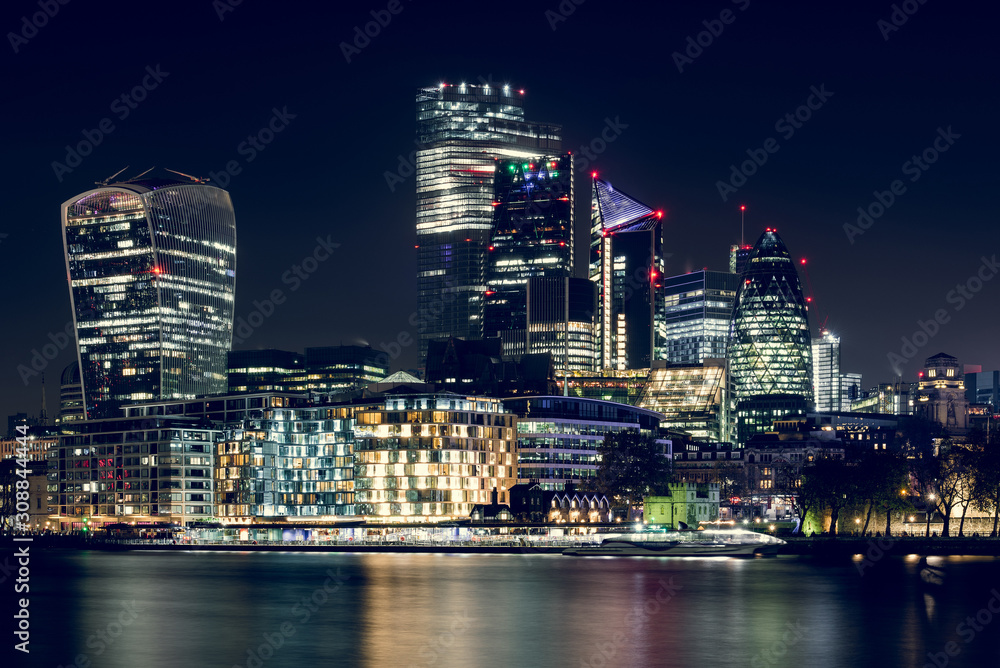 The City of London Business District Buildings View at Night