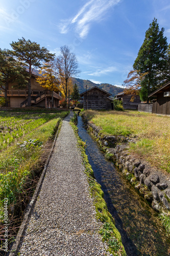 Historic Village of Ogimachi in Shirakawa-go, UNESCO World Heritage Site, a small, traditional village showcasing a building style known as gassho-zukuri. Japan.