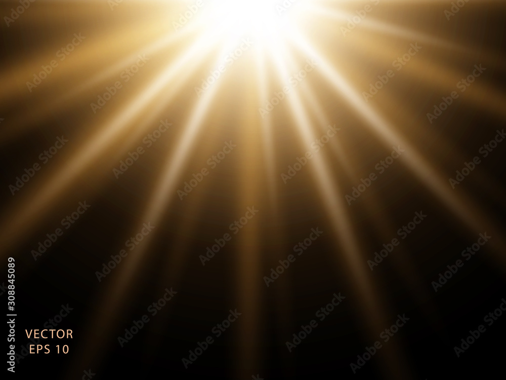 Obraz premium Yellow sun light, flash with soft rays. Vector design element, template, with the ability to overlay. The object is isolated on a black background.