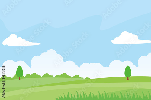 Nature landscape vector illustration with green meadow  trees and blue sky suitable for background 