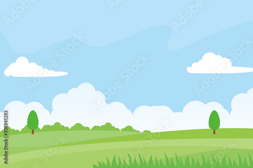 Nature landscape vector illustration with green meadow, trees and blue sky suitable for background 