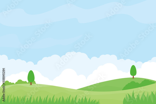 Nature landscape vector illustration with green meadow, trees and blue sky suitable for background 