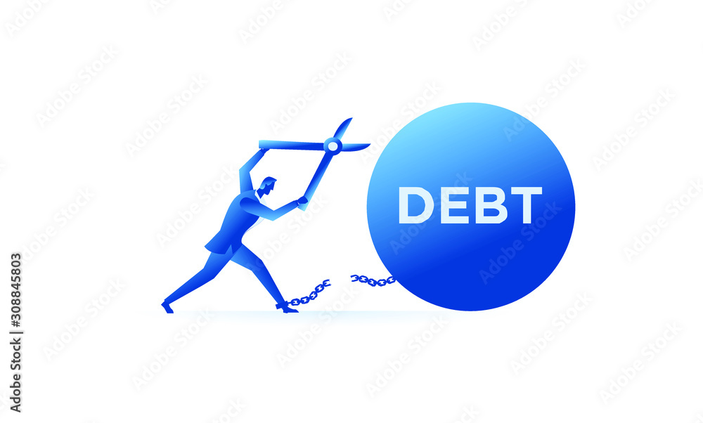 Fototapeta premium Businessman tries hard to escape with debt. Business work concept illustration about debt and credit. Vector illustration of a flat design