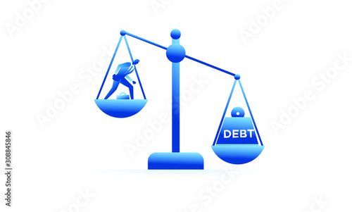 Businessman struggle with debt. Business work concept illustration about debt and credit. Vector illustration of a flat design