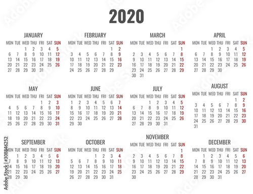 Year 2020 monthly calendar