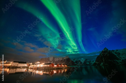 Aurora borealis on the Lofoten islands, Norway. Green northern lights above mountains. Night sky with polar lights. Night winter landscape © Tracy Ben