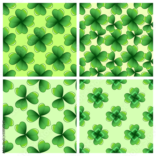 Green clover leaves seamless patterns set