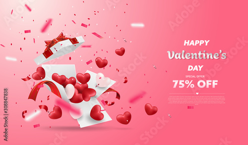 Surprise white gift box with red ribbon and Hearts balloon. Open gift box isolated. Party, Shopping poster. Valentine's Day design.
