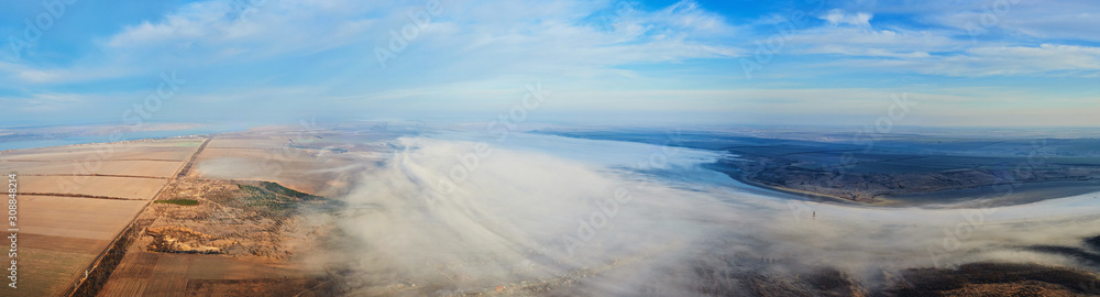 Aerial landscape. Fog above the fields