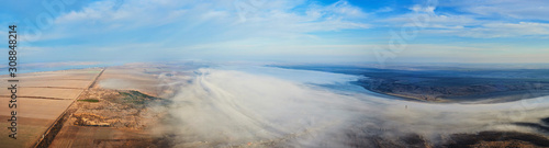 Aerial landscape. Fog above the fields