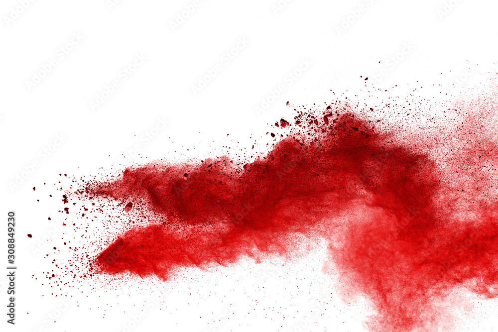 Red powder explosion on white background. Colored cloud. Colorful dust explode. Paint Holi.