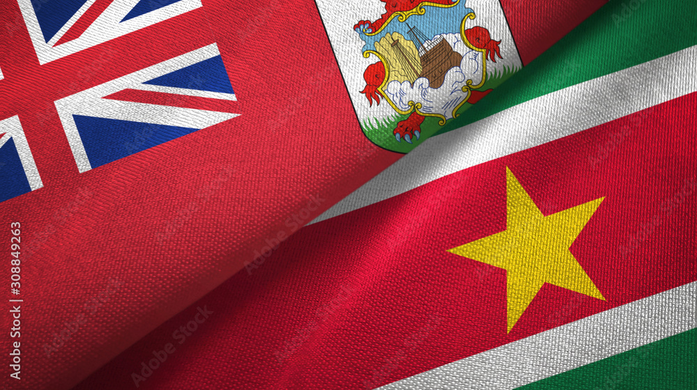 Bermuda and Suriname two flags textile cloth, fabric texture Bermuda and Suriname two flags textile cloth, fabric texture