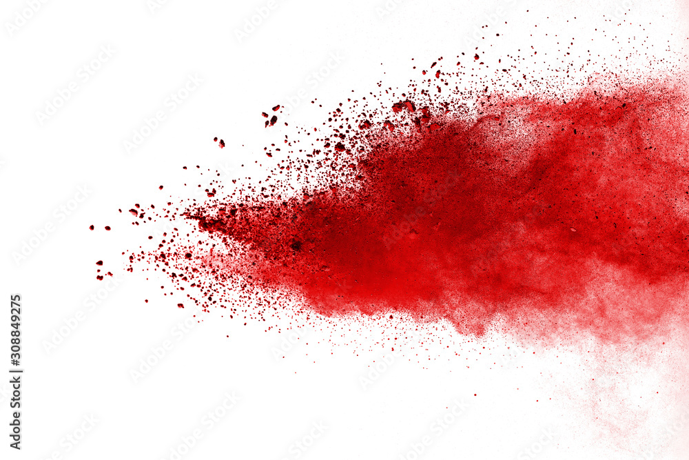 Red powder explosion on white background. Colored cloud. Colorful dust explode. Paint Holi.