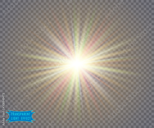 Abstract light of the sun, flash of the star. Soft, transparent glow, the rays yellow, green, red. Vector design element on isolated background.