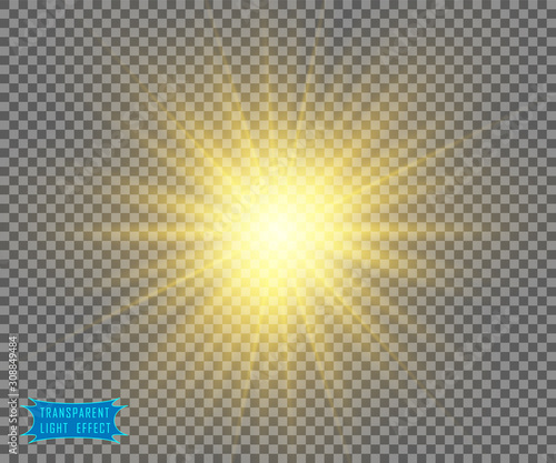 The yellow light of the sun, the flash of a star. Soft, glow transparent rays. Vector design element on isolated background.