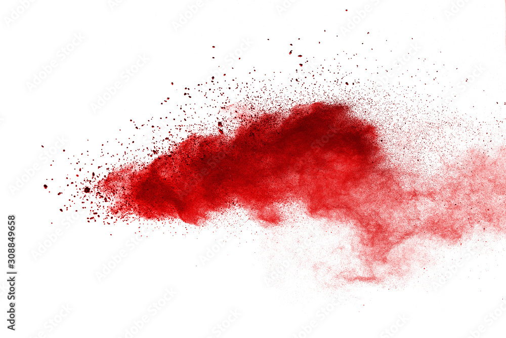 Red powder explosion on white background. Colored cloud. Colorful dust explode. Paint Holi.