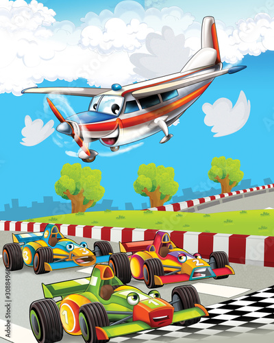 cartoon scene with super car racing and observing plane is flying over - illustration for children