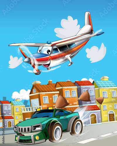 cartoon scene with super car racing and observing plane is flying over - illustration for children